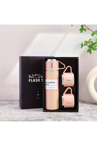 Dekorasyaa  -Pembe - Paslanmaz Çelik 3 Bardaklı Termos 500 ml - Çanta Hediyeli - 12 Saat Sıcak Soğuk - Resim 4