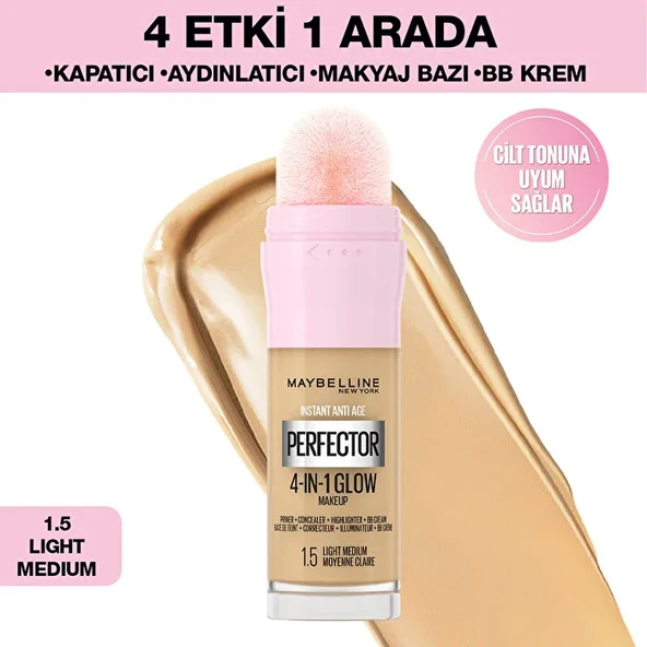 Maybelline New York Instant Perfector Glow 4 Etki 1 Arada Fondöten- 1.5 Light Medium - Resim 2