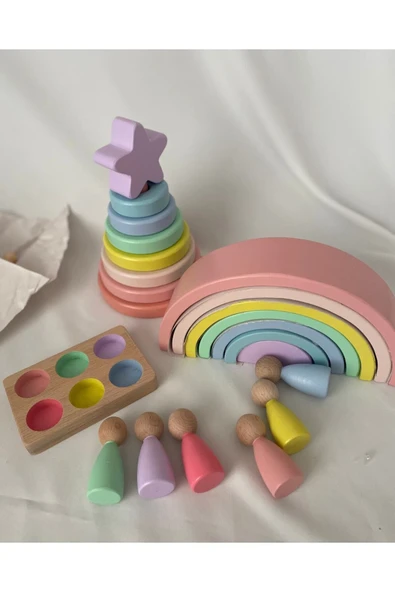 7'li Waldorf Gökkuşağı, Yıldız Kule, Peg Bebek Tabla Seti, Waldorf Eğitsel Ahşap Oyuncak Jumbo Set - Resim 2