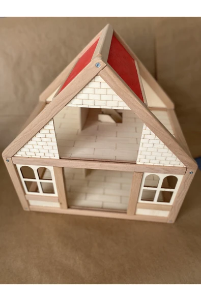 Ahşap Oyun Evi Doğal Ahşap Montessori Oyun Evi Kırmızı Çatılı Ev - Resim 3