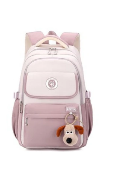 Kız Çocuk İlkokul Çantası – Peluş Anahtarlıklı, Su Geçirmez Kumaş Siyah- Pudra-Gri Pembe - 3