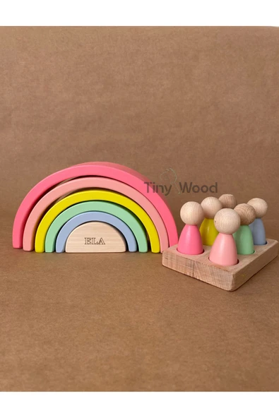 İsme Özel Waldorf 6 Parçalı Gökkuşağı ve 6’lı Peg Bebek Tabla Seti – Eğitici Ahşap Oyuncak - 11