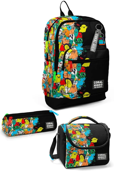 Siyah Karikatür Desenli 3’lü Okul Çanta Seti İlköğretim Çanta Seti