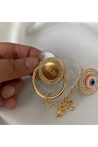 Altın Kaplama İsimli Zirkon Taşlı Silikon Emzik Seti (0-6 Ay) – Damaklı & Kişiye Özel Şeffaf - 7