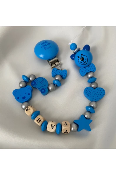 İsimli Emzik Zinciri – Doğal Ahşap Emzik Askısı – El Yapımı Bebek Hediyesi