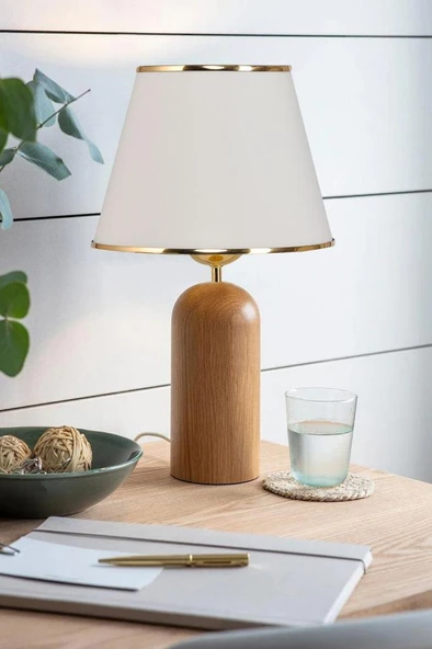 Silos Masif Ahşap Ayaklı Gold Detaylı Krem Kumaş Şapkalı Dekoratif Abajur ürün görseli