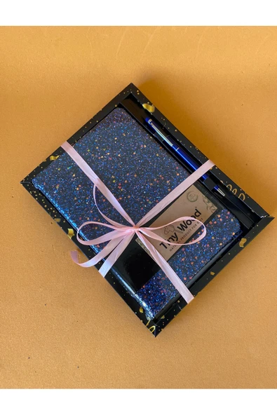 Simli Kapaklı Defter, Makyaj / Kalem Çantası ve 1 Adet Kalem Hediyelik Set Lacivert - 4