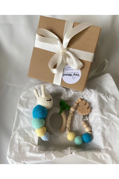 Amigurumi Sevimli Tırtıl Diş Kaşıyıcı Çıngırak Isme Özel Emzik Seti, Organik Unisex Bebek Hediyelik - 2