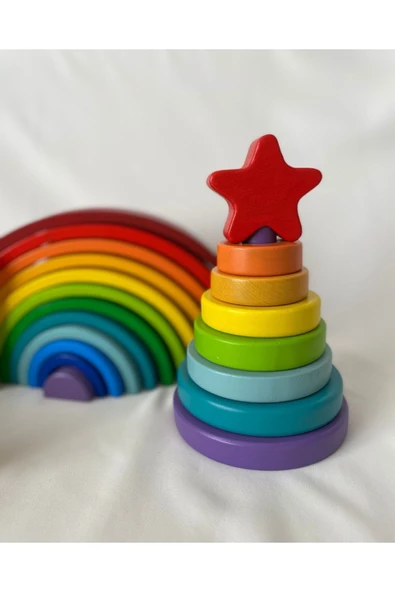 12'li Waldorf Gökkuşağı, Yıldız Kule, Peg Bebek Tabla Seti, Waldorf Eğitsel Ahşap Oyuncak Jumbo Set - Resim 4