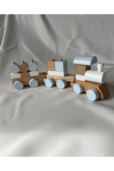 Bebek - Çocuk Ahşap Eğitici Oyuncak Bloklu Tren Bul Tak Puzzle Vagonlu Tren Ahşap Oyuncak Tren - Resim 2