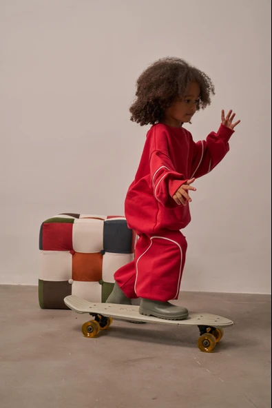 Kırmızı Asimetrik Cep Detaylı Oversize Çocuk Alt Üst Takım - Resim 7