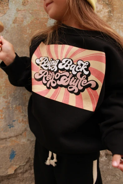 Siyah Retro Baskılı Çocuk Alt Üst Takım - Resim 8