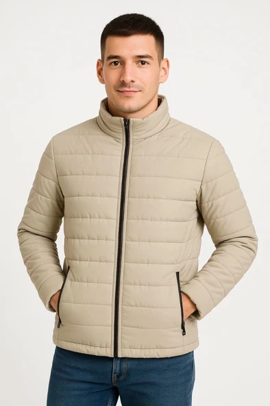 MDB Erkek Bomber ont Ceket – u İtici Kumaş, Kapitone Astarlı, Fermuarlı, Kışlık  Bej - Resim 3