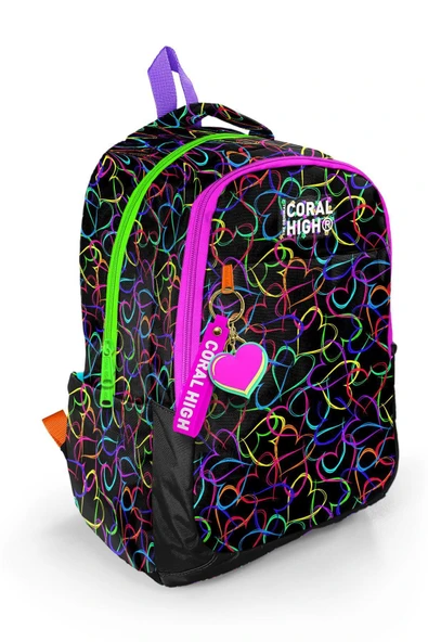 Siyah Renkli Kalp Desenli 3’lü İlköğretim Okul Çanta Seti - 3