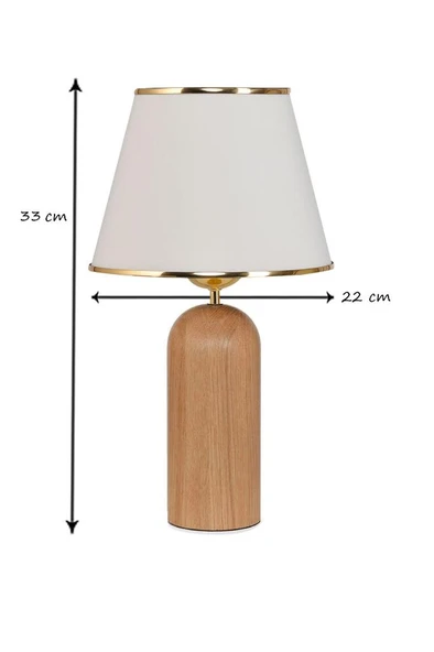 Silos Masif Ahşap Ayaklı Gold Detaylı Krem Kumaş Şapkalı Dekoratif Abajur - Resim 2