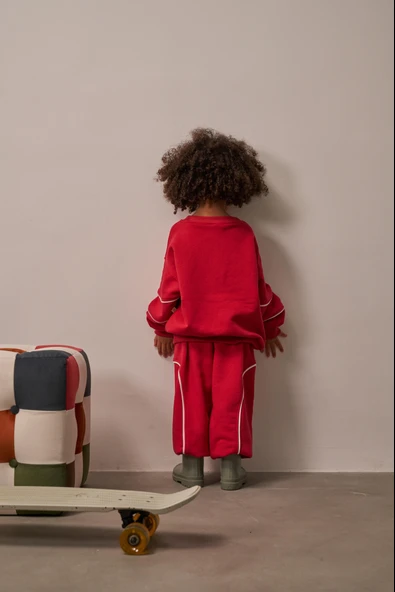 Kırmızı Asimetrik Cep Detaylı Oversize Çocuk Alt Üst Takım - Resim 4