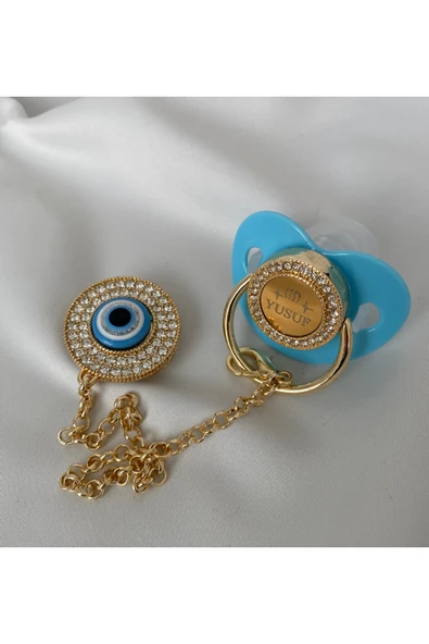 Altın Kaplama İsimli Zirkon Taşlı Silikon Emzik Seti (0-6 Ay) – Damaklı & Kişiye Özel Mavi Nazarlık - 2