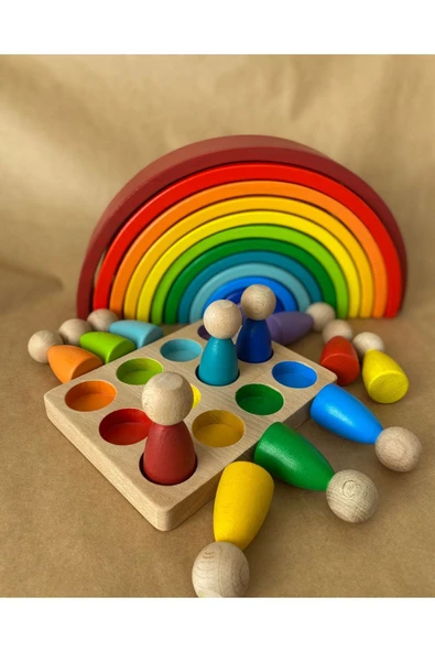 1 Yaş 12'li Waldorf Gökkuşağı Peg Bebek Tabla Seti, Waldorf Renk Eşleştirme Ahşap Oyuncak Seti