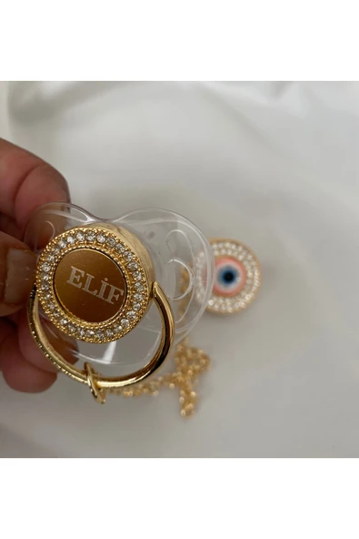 Altın Kaplama İsimli Zirkon Taşlı Silikon Emzik Seti (0-6 Ay) – Damaklı & Kişiye Özel Şeffaf - 4