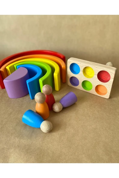 Waldorf 6 Parçalı Gökkuşağı  6 Lı Peg Bebek Tabla Seti Pastel Renk Eşleştirme - Resim 6
