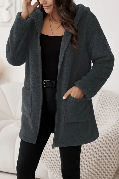 MDB Kadın Uzun Kollu Kapşonlu önden Fermuarlı Cepli Welsoft Ceket ürün görseli