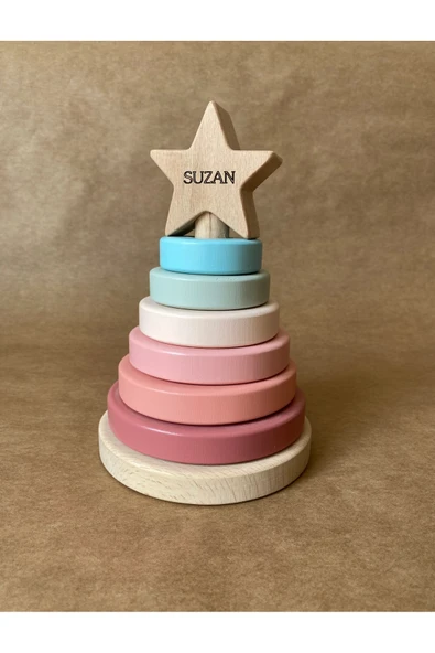 İsme Özel Ahşap Yıldız Halka Kule | Montessori Eğitici Oyuncak & Dekoratif Ahşap Hanoi