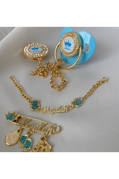 Altın Kaplama Zirkon Taşlı Emzik Seti – Maşallah İğnesi & Bebek Künyesi Dahil - Resim 4