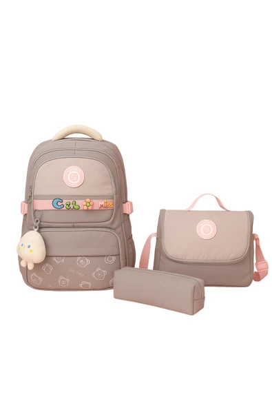 Kız Çocuk İlköğretim Çantası Ultra Hafif ilkokul / Ortaokul Okul 3 lü Çanta Seti Pembe-Lila -Gri - 5