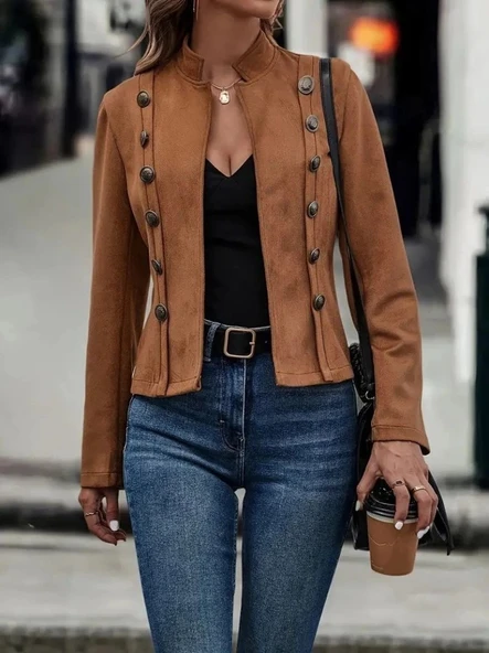 MDB Kadın Uzun Kollu Hakim Yaka Yanlardan Düğmeli Kısa Süet Ceket - Resim 3