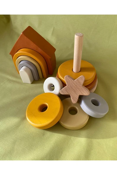 Waldorf Gökkuşağı Ev Ve Ahşap Yıldız Kule Renkli Doğal Ahşap Eğitici Bebek Çocuk Oyuncak Seti - 2