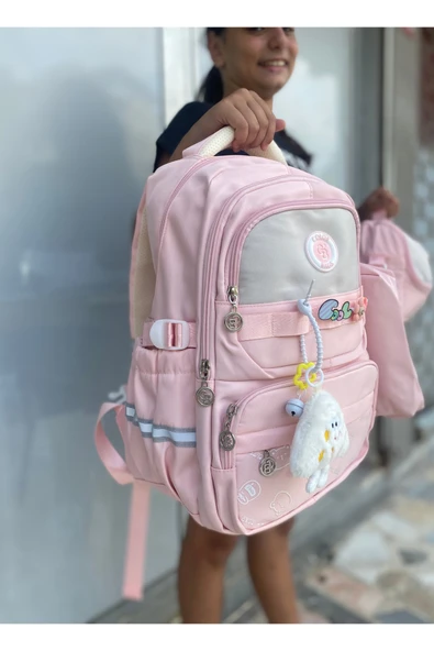 Kız Çocuk İlköğretim Çantası Ultra Hafif ilkokul / Ortaokul Okul 3 lü Çanta Seti Pembe-Lila -Gri - 12