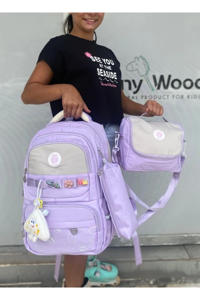 Kız Çocuk İlköğretim Çantası Ultra Hafif ilkokul / Ortaokul Okul 3 lü Çanta Seti Pembe-Lila -Gri - 7