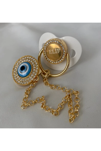 Altın Kaplama Nazar Boncuklu İsimli Emzik Zinciri Seti – Kişiye Özel Zirkon Taşlı Bebek Emziği - 3