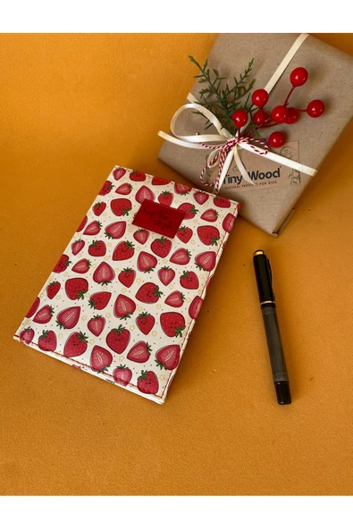 Çilek-Baykuş Desenli Deri Kaplı Defter Seti | 14x20 cm Çizgili Defter - 6