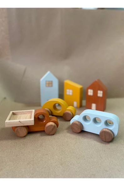 Montessori Ahşap Ev ve Araba Seti - 6'lı Eğitici Oyuncak Set - 2