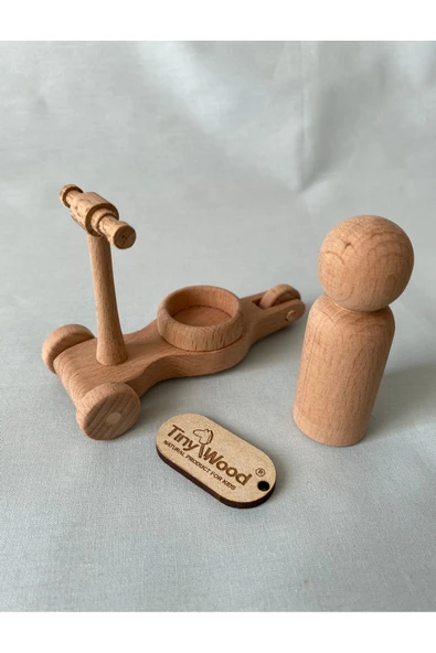 Ahşap Scooter ve Peg Bebek Seti | Doğal Ahşap El Yapımı Oyuncak - Resim 2