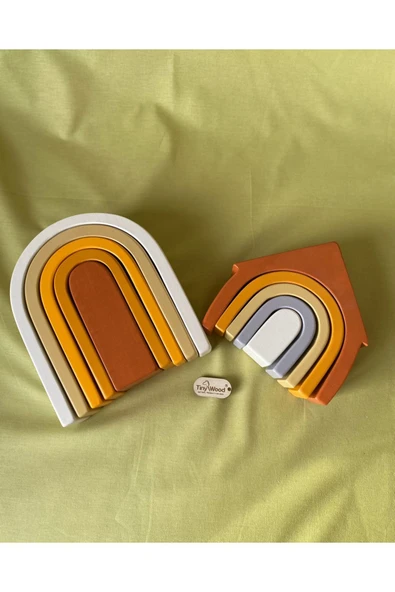 Waldorf Gökkuşağı Ev ve Ahşap U Şekli Waldorf Renkli Doğal Ahşap Eğitici Bebek Çocuk Oyuncak Seti