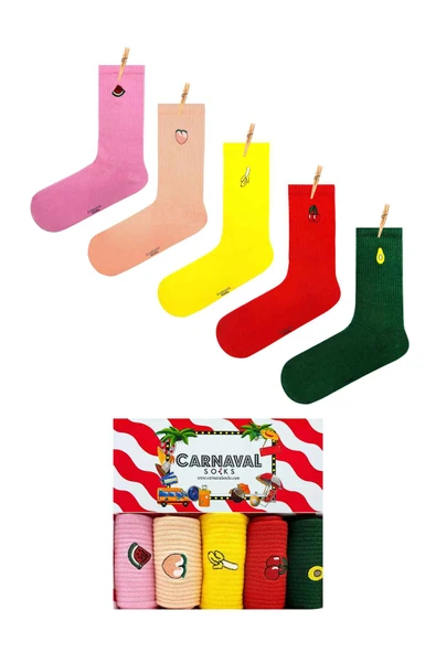 Unisex 5’li Nakışlı Meyve Desenli Renkli Çorap Seti | Hediye Kutulu Pamuklu Çoraplar