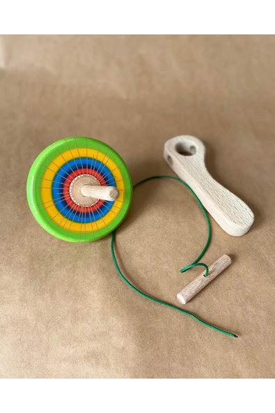 Ahşap Çek Fırlat Topaç Renkli Desenli Ipli Topaç Doğal Ahşap Oyuncak - 2