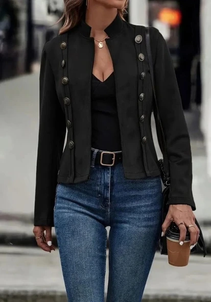 MDB Kadın Uzun Kollu Hakim Yaka Yanlardan Düğmeli Kısa Süet Ceket - Resim 3