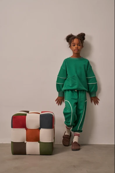 Yeşil Asimetrik Cep Detaylı Oversize Çocuk Alt Üst Takım - Resim 6