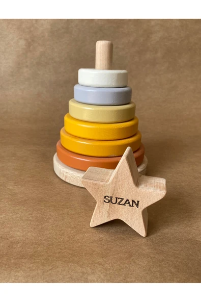 İsme Özel Ahşap Yıldız Halka Kule | Montessori Eğitici Oyuncak & Dekoratif Ahşap Hanoi - 3