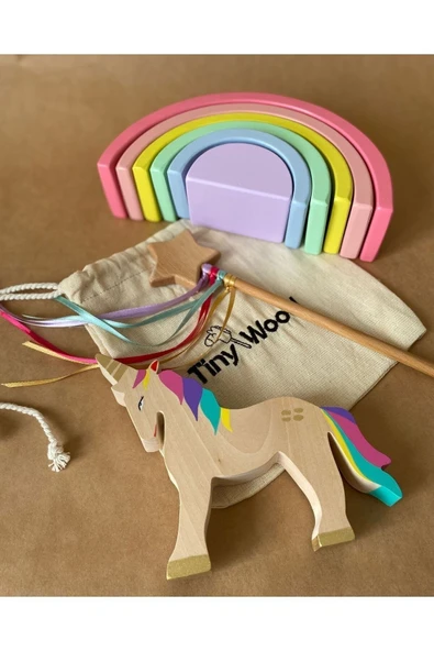 Ahşap Waldorf Unicorn Gökkuşağı Değnek Oyuncak Seti Masal Oyuncakları - Resim 2