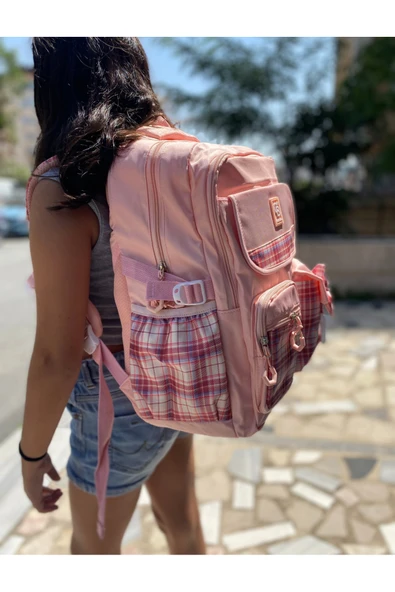 Kız Çocuk İlköğretim Çantası Ultra Hafif ilkokul / Ortaokul Okul Çantası Pembe- Pudra Ekose Cep - 5