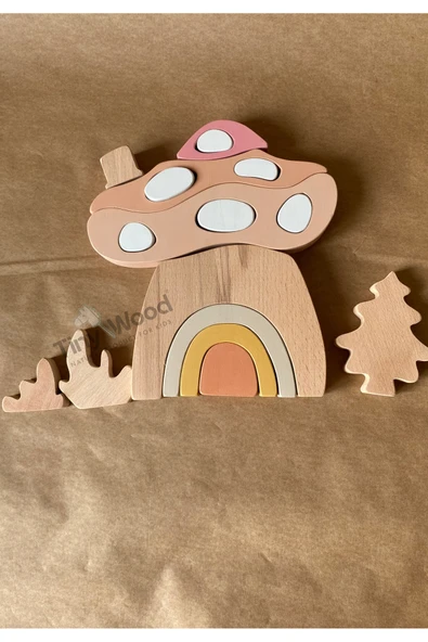 Ahşap oyuncak Mantar Ev Puzzle Eğitsel Oyuncak - 5