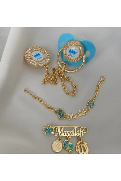 Altın Kaplama Zirkon Taşlı Emzik Seti – Maşallah İğnesi & Bebek Künyesi Dahil - Resim 8