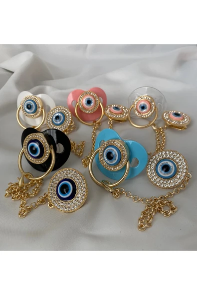 Altın Kaplama Nazar Boncuklu İsimli Emzik Zinciri Seti – Kişiye Özel Zirkon Taşlı Bebek Emziği - 4