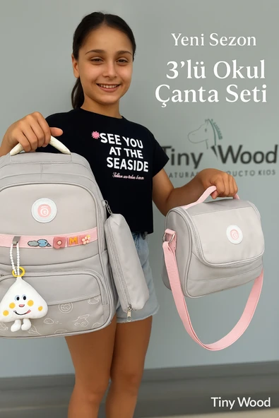 Kız Çocuk İlköğretim Çantası Ultra Hafif ilkokul / Ortaokul Okul 3 lü Çanta Seti Pembe-Lila -Gri - 2