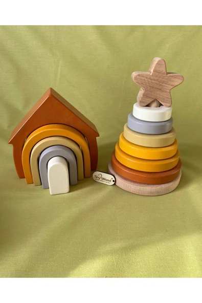 Waldorf Gökkuşağı Ev Ve Ahşap Yıldız Kule Renkli Doğal Ahşap Eğitici Bebek Çocuk Oyuncak Seti