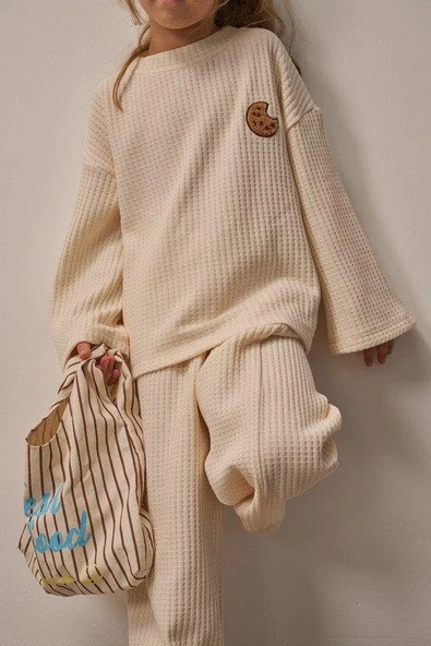 Krem Cookie Nakışlı Dökümlü Alt Üst Takım - Resim 7